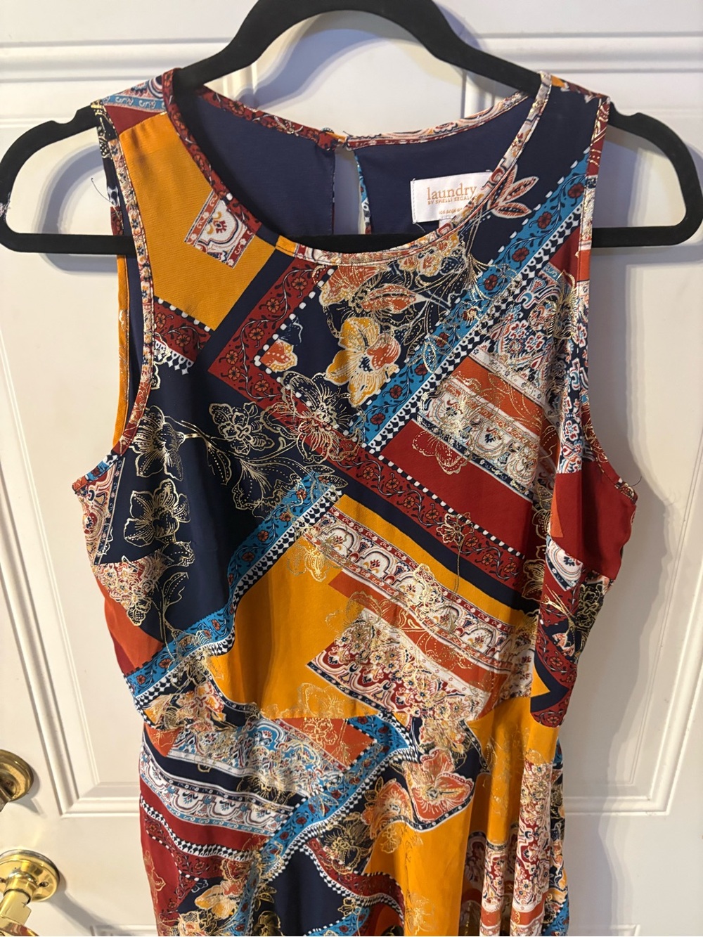 Laundry By Shelli Segal Sleeveless Patchwork Dress in Mustard, Navy & Rust 14 - Picture 2 of 5